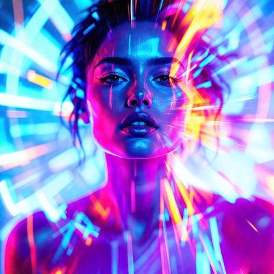 The primary subject of the image is a woman with a pouty lip, who is the main focus of the scene. She is surrounded by a vibrant and colorful background, which includes a blue and purple hue. The visual style of the image is a combination of a photo and digital art, creating a unique and eye-catching effect. The woman's lips are the most prominent feature in the image, and the overall atmosphere is one of beauty and allure.